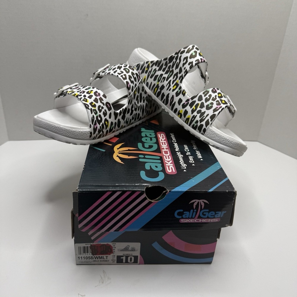 Skechers Cali Breeze 2.0 Wild Sorbet Slides Womens 10 White Leopard 111058/WMLT